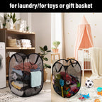 BATTOO Deluxe Strong Mesh Pop up Laundry Hamper Basket with Side Pocket for Laundry Room, Bathroom, Kids Room, College Dorm or Travel 2 Pack Black