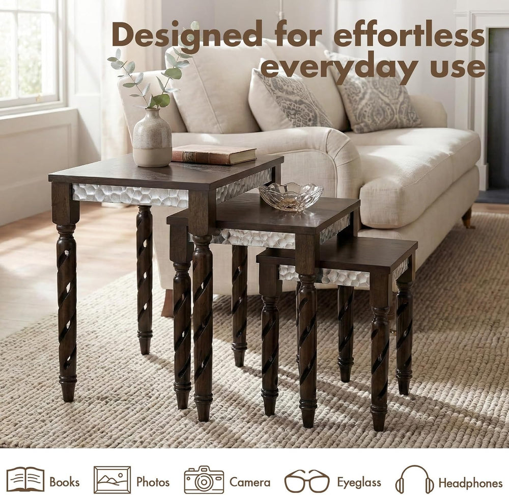 Hyfirm Nesting Tables Set of 3, Walnut Mid Century Modern Accent Tables with ...