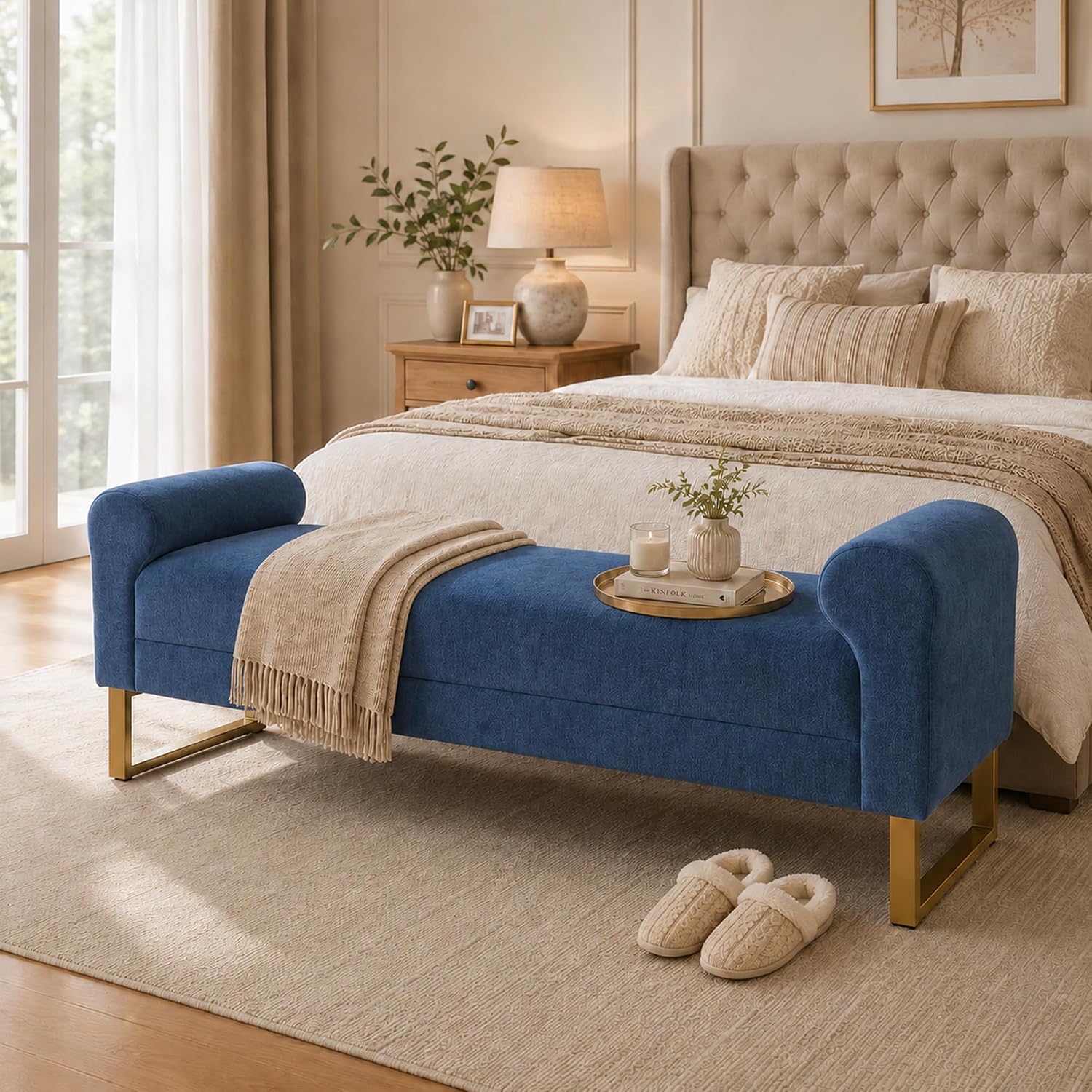 65.75" Storage Ottoman Bench, End of Bed Bench for Bedroom | Hidden Storage, Gold Metal Legs, Chenille Upholstered Seat And Modern Design For Living Room, Entryway Or Window Seating