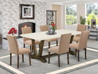 East West Furniture V727AB747-7 7 Piece Modern Dining Table Set Consist of a Rectangle Wooden Table with V-Legs and 6 Light Sable Linen Fabric Parson Dining Chairs, 40x72 Inch, Multi-Color