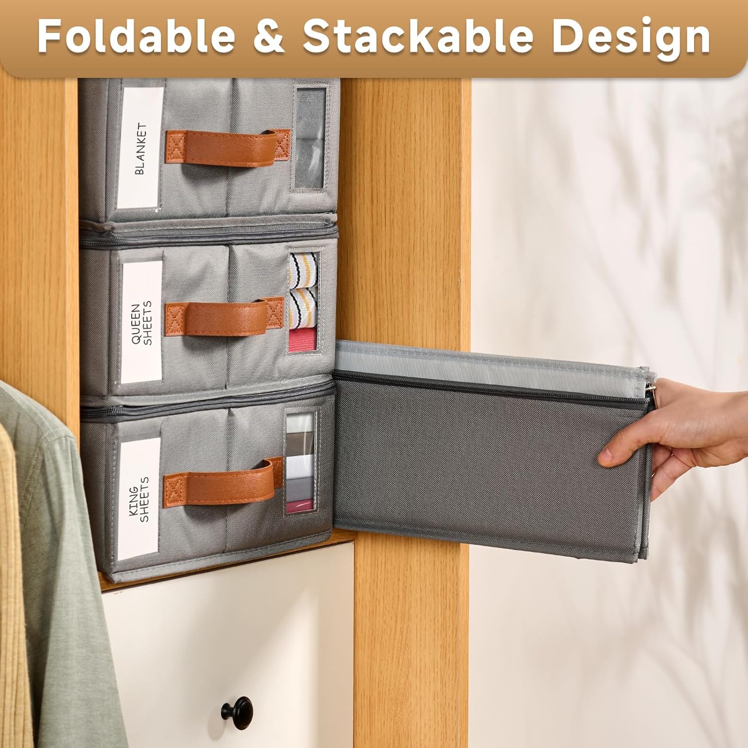 8pack Bed Sheet Organizer, Foldable Linen Closet Organizers and Storage with Sealed Design, Queen & King Size Sheet Storage with Window, Closet Organizer for Bedsheets/Blankets/Clothes, Grey