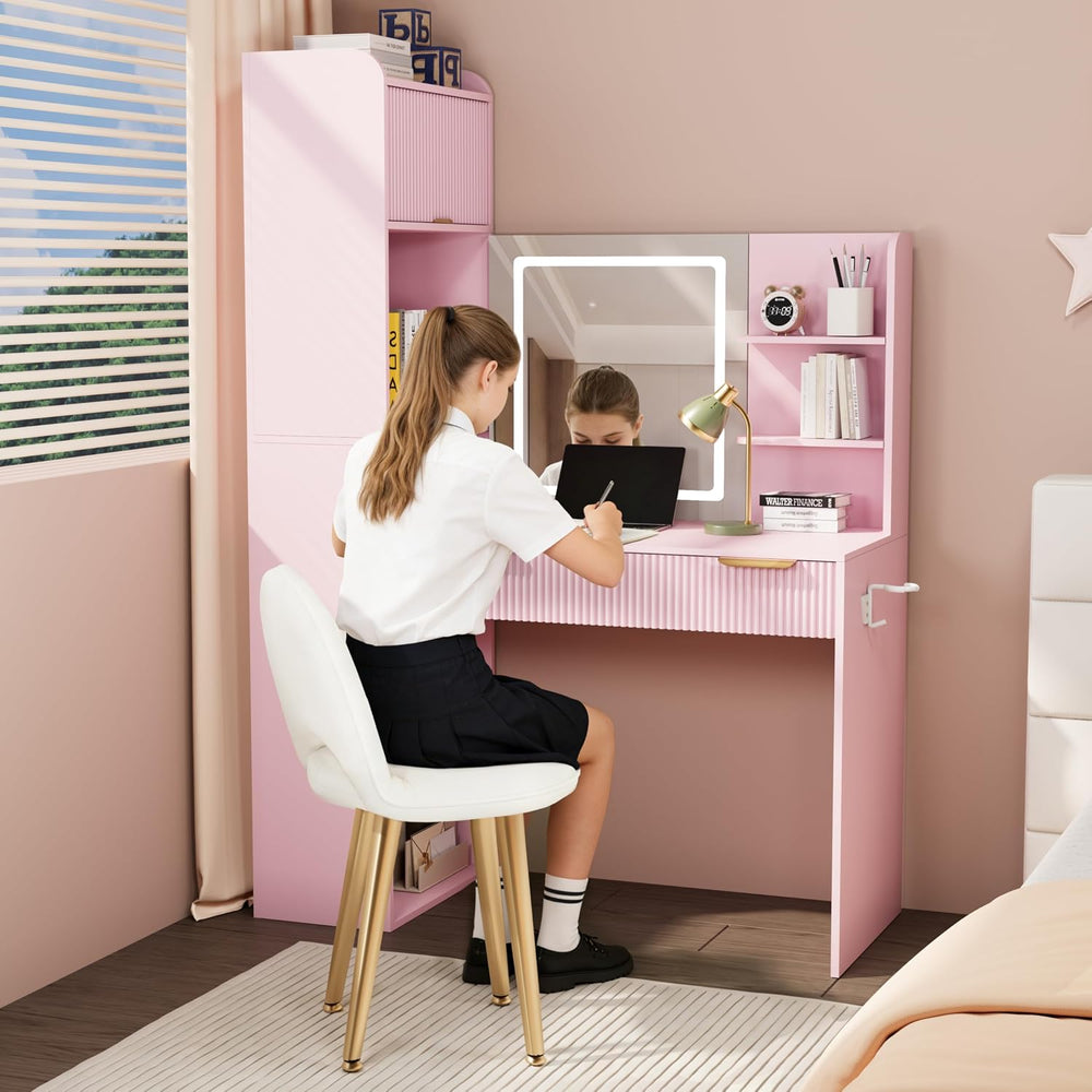 Royal Windsor Makeup Vanity Desk with Mirror and Lights, with Chair,Pink | Va...