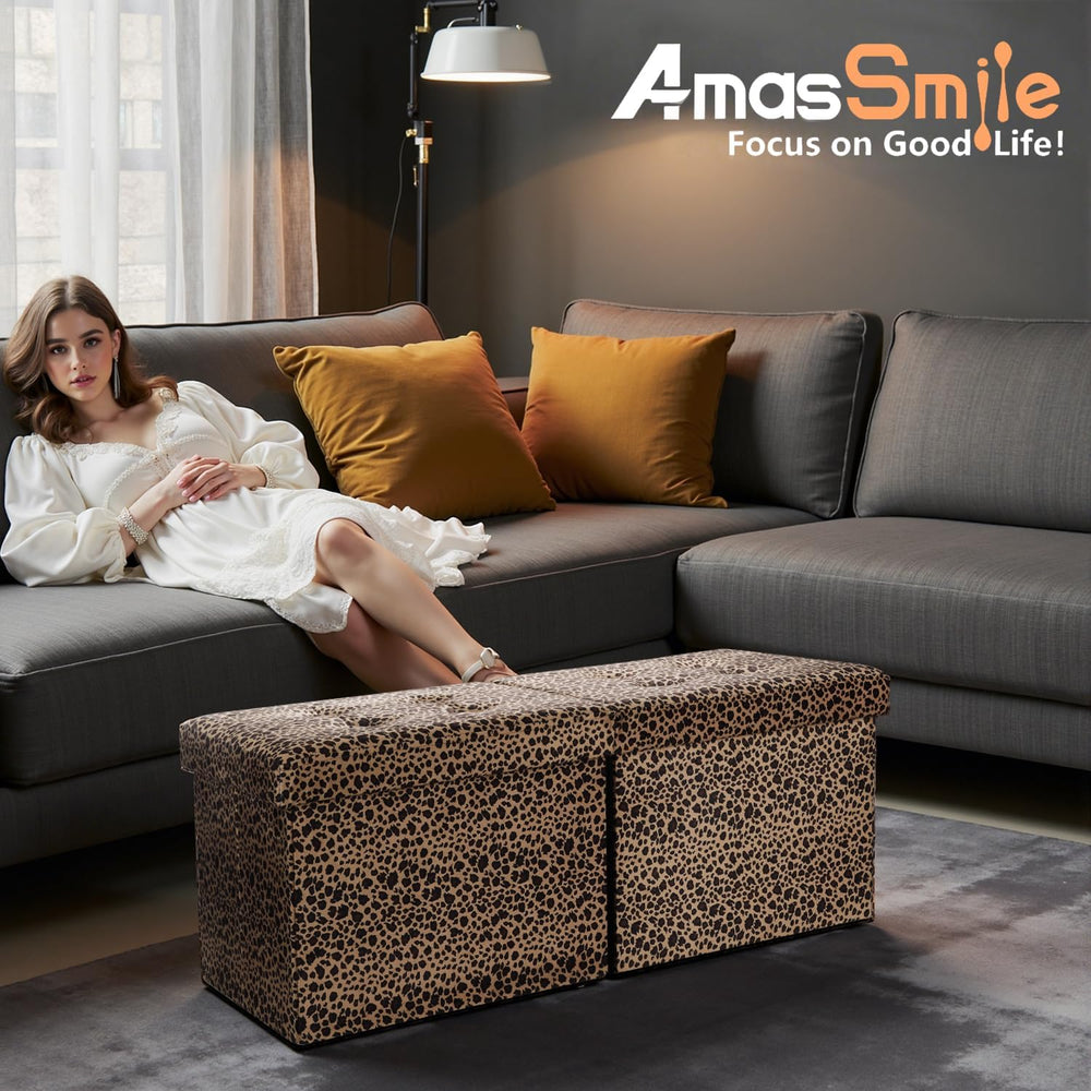 AmasSmile Footrest Ottoman Storage Bench,34" Velvet Folding Chest,Leopar...