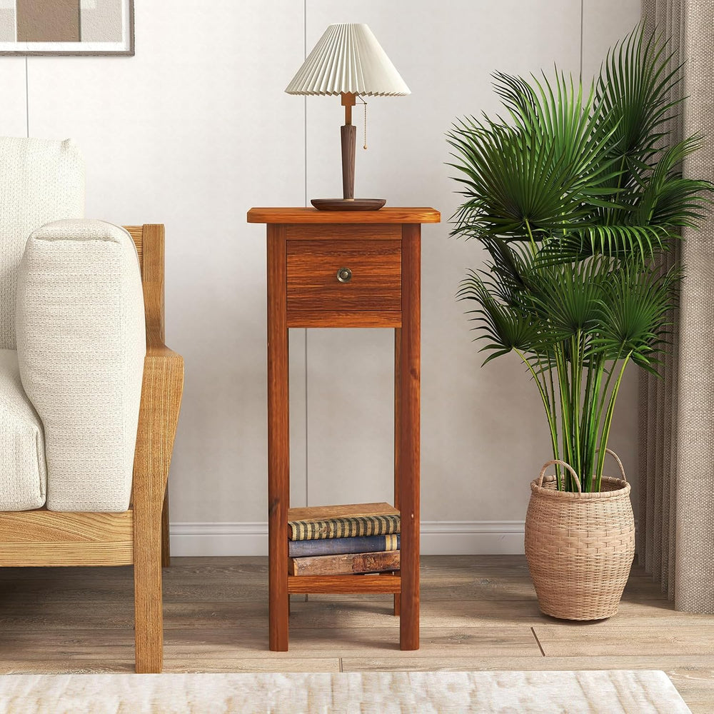 SlickBlue 2-Tier Slim Bedside Table with Drawer and Shelf for Living Room Bed...