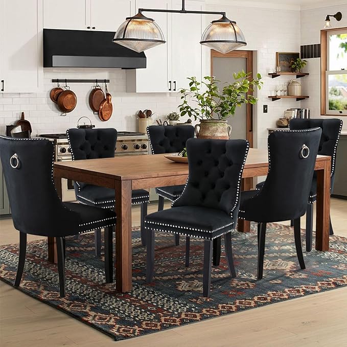 Velvet Upholstered Dining Chairs Set of 8, Modern Style Kitchen Side Chairs with Nailhead Trim and Wood Legs,Metal Pulling Ring for Dining Room Living Room(Black)