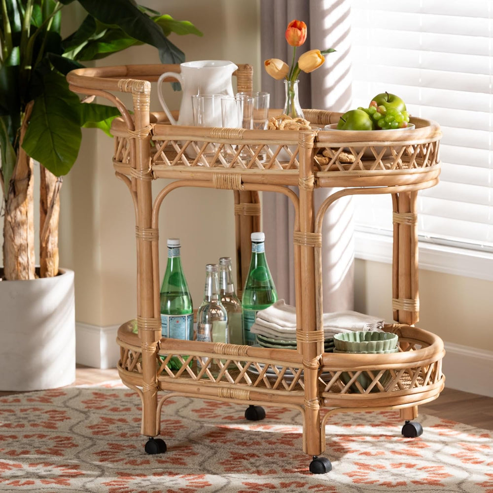 Bali & pari Raul Natural Rattan Kitchen Cart - 2-Tier Handwoven Wicker St...