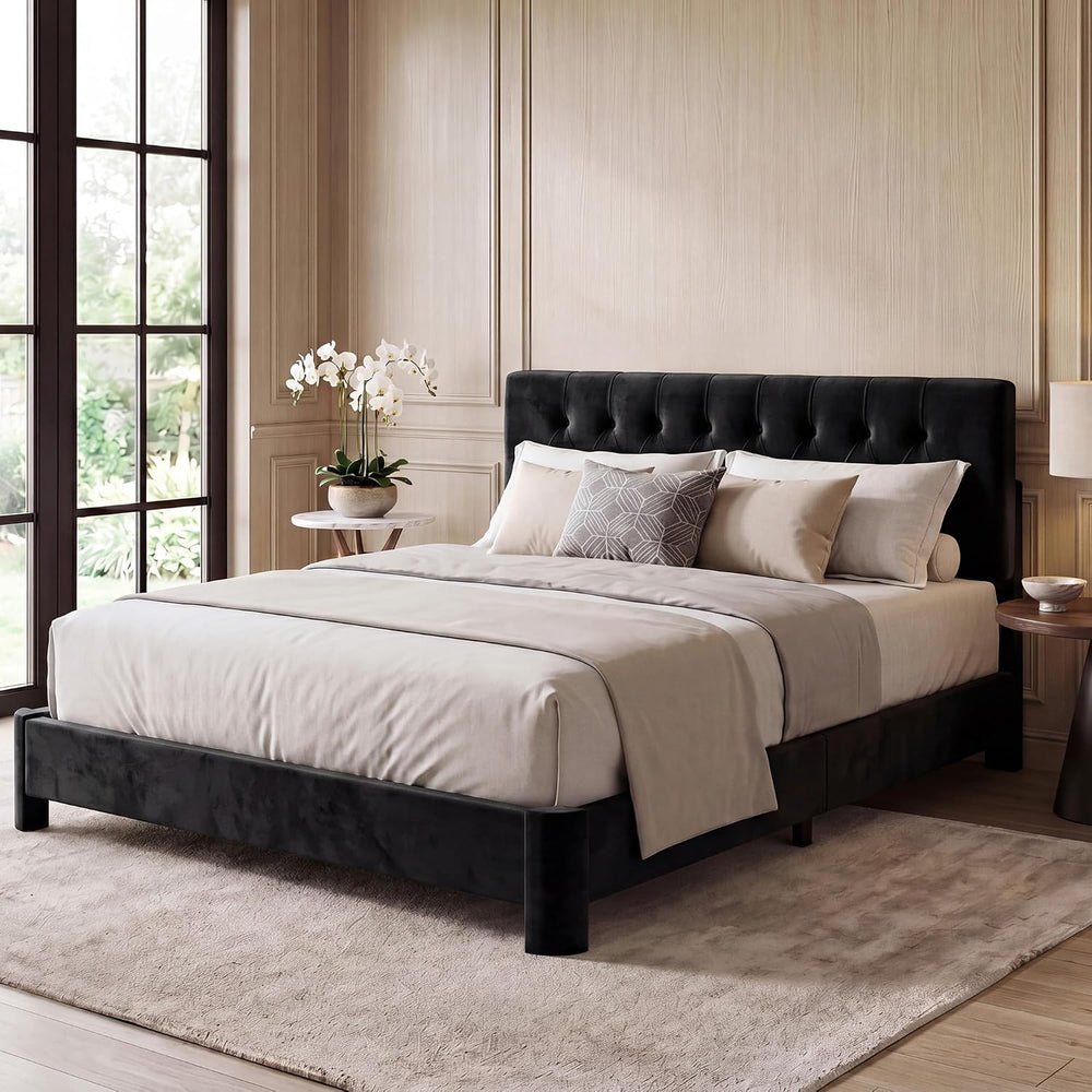 King Size Bed Frame w/ Headboard,Velvet Fabric Upholstered Bed Frame,Black