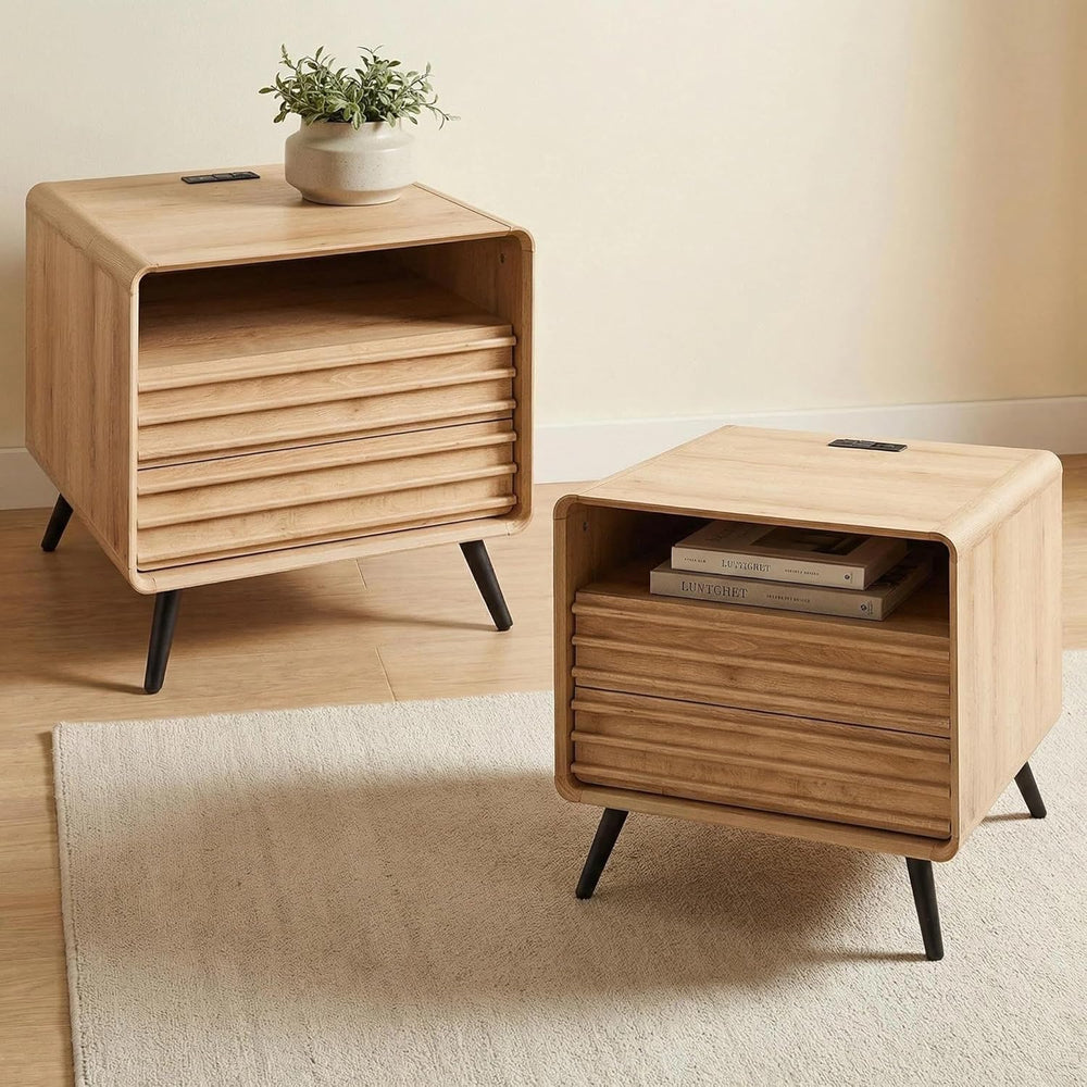 RedLemon 24" Nightstand Set of 2 with Charger Station, Mid Century Moder...