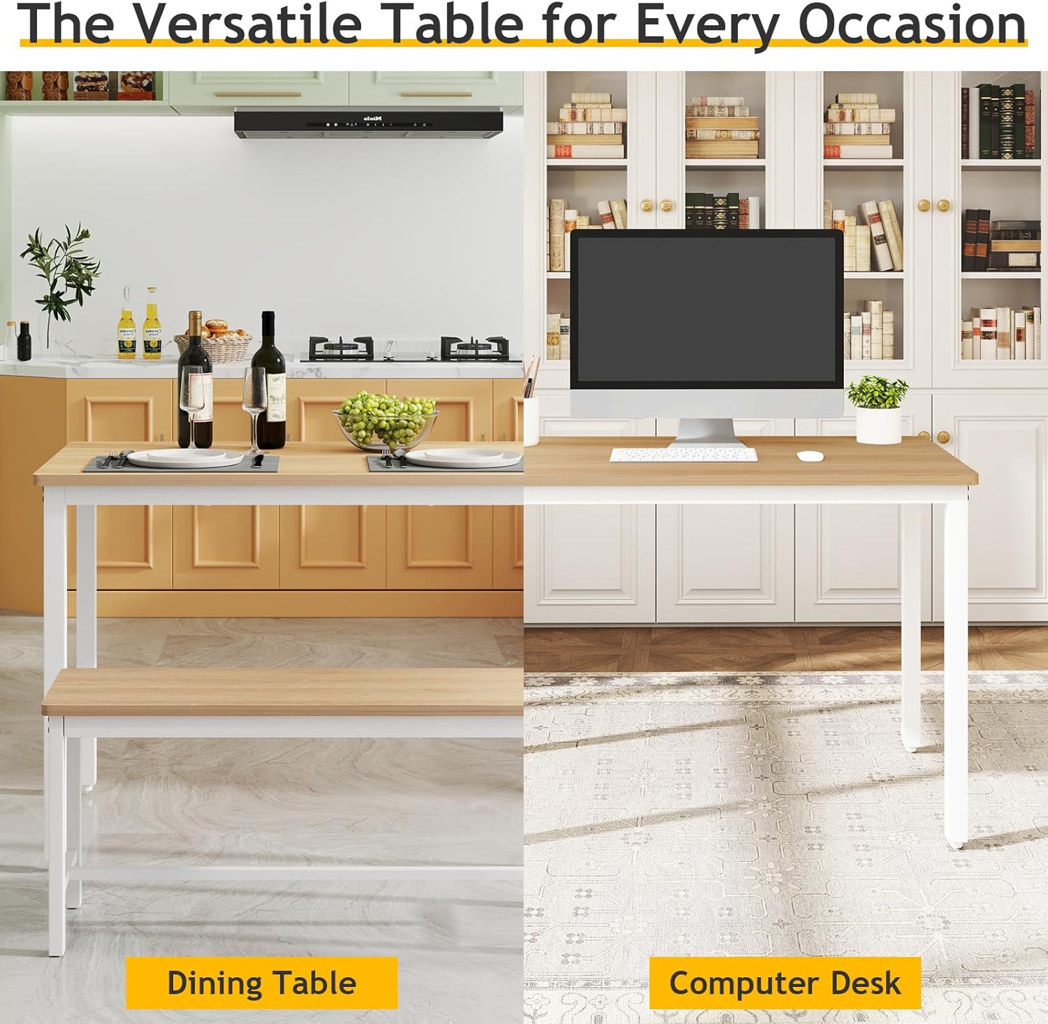 Rovibek 43" Dining Room Table Chairs Set for 4, Modern Space Saving Kitchen Table with 2 Benches & Adjustable Feet Breakfast Table, Wooden Industrial Style Farmhouse, White