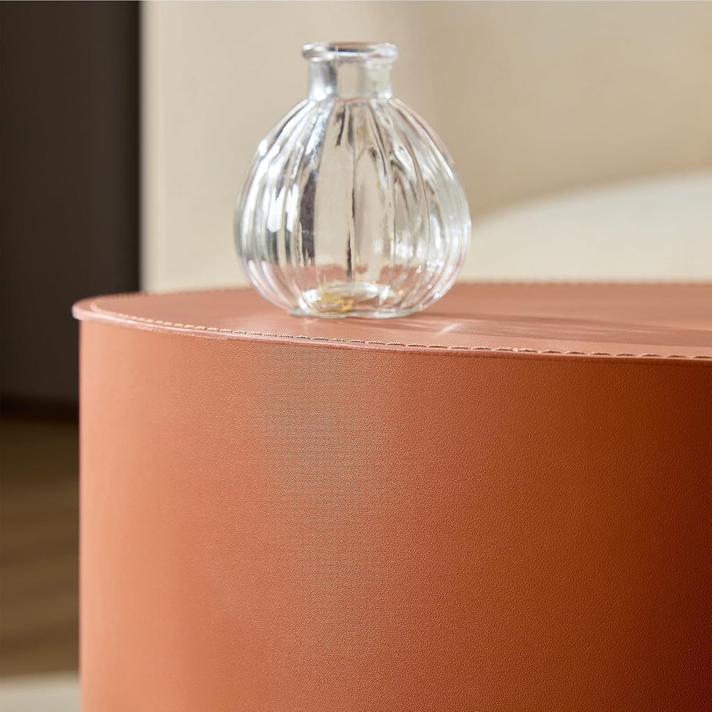 Modern Round Side Table Set of 2, MDF Core with Saddle Leather Upholstery, Cy...