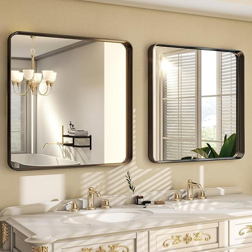 30"x 30" Black Bathroom Mirror - Aluminum Framed Wall Mirror, Bathroom Wall Mounted Vanity Mirror, Modern Bathroom Mirror, Bedroom, Living Room Wall Mirror, Hang Horizontally or Vertically