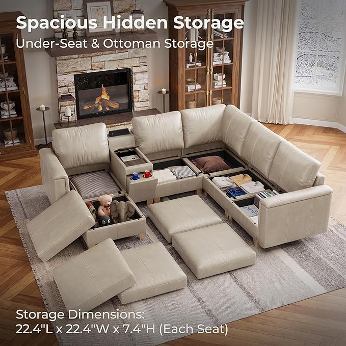 SITJOY 105" Faux Leather Modular Sectional Sofa with Storage, Mid Century Modern Sectional Couches for Living Room, 6 Seat V Shaped Couch with Ottoman and Console Table, Hidden Cupholders, Greige