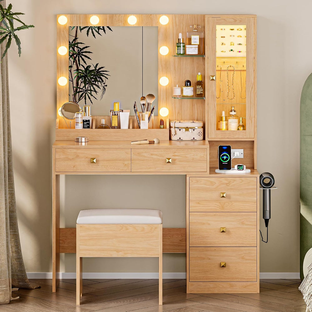 HUANLEGO Vanity Desk with Mirror and Lights & LED Glass Cabinet, Oak | Ma...