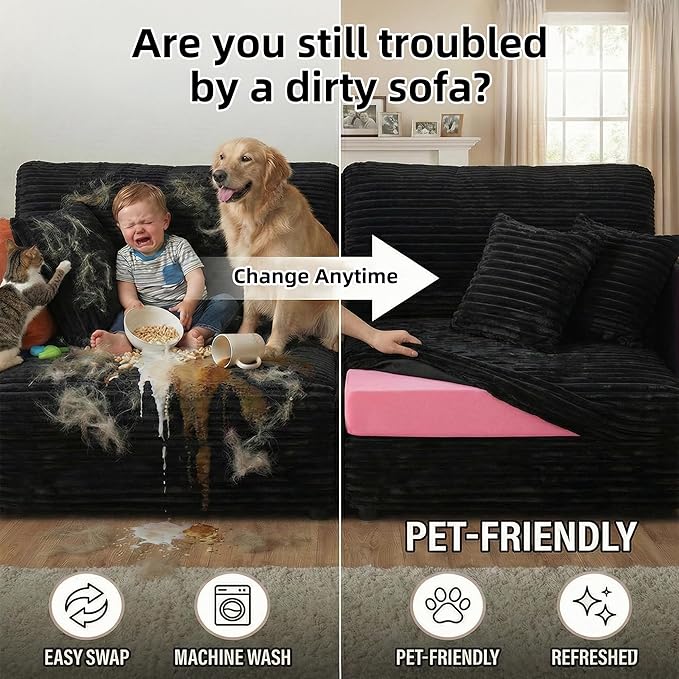 Modular Floor Sofa, Cozy Corduroy Sectional Couch with Fully Washable Covers, Frameless L Shaped Couch for Living Room, Family & Pet Friendly Lounge, No Assembly (Black, Right Facing Chaise)