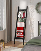Blanket Ladder for Living Room, Decorative Quilt Rack with 4 Removable Hooks, 6-Tier Farmhouse Ladder Holder Shelf Organizer for Bedroom, Black BR31504B