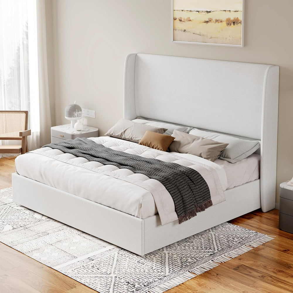Jocisland Queen Lift Up Storage Bed Frame, Linen Wingback Headboard, White