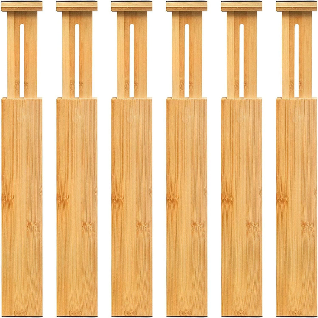 VaeFae 6-Pack Adjustable Bamboo Drawer Dividers, Expandable Drawer Organizer for Kitchen Utensils, Clothes, Bathroom, Office – Fits Drawer Interiors 16.6" to 21.8"