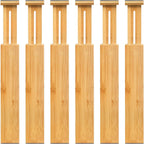 VaeFae 6-Pack Adjustable Bamboo Drawer Dividers, Expandable Drawer Organizer for Kitchen Utensils, Clothes, Bathroom, Office – Fits Drawer Interiors 16.6" to 21.8"
