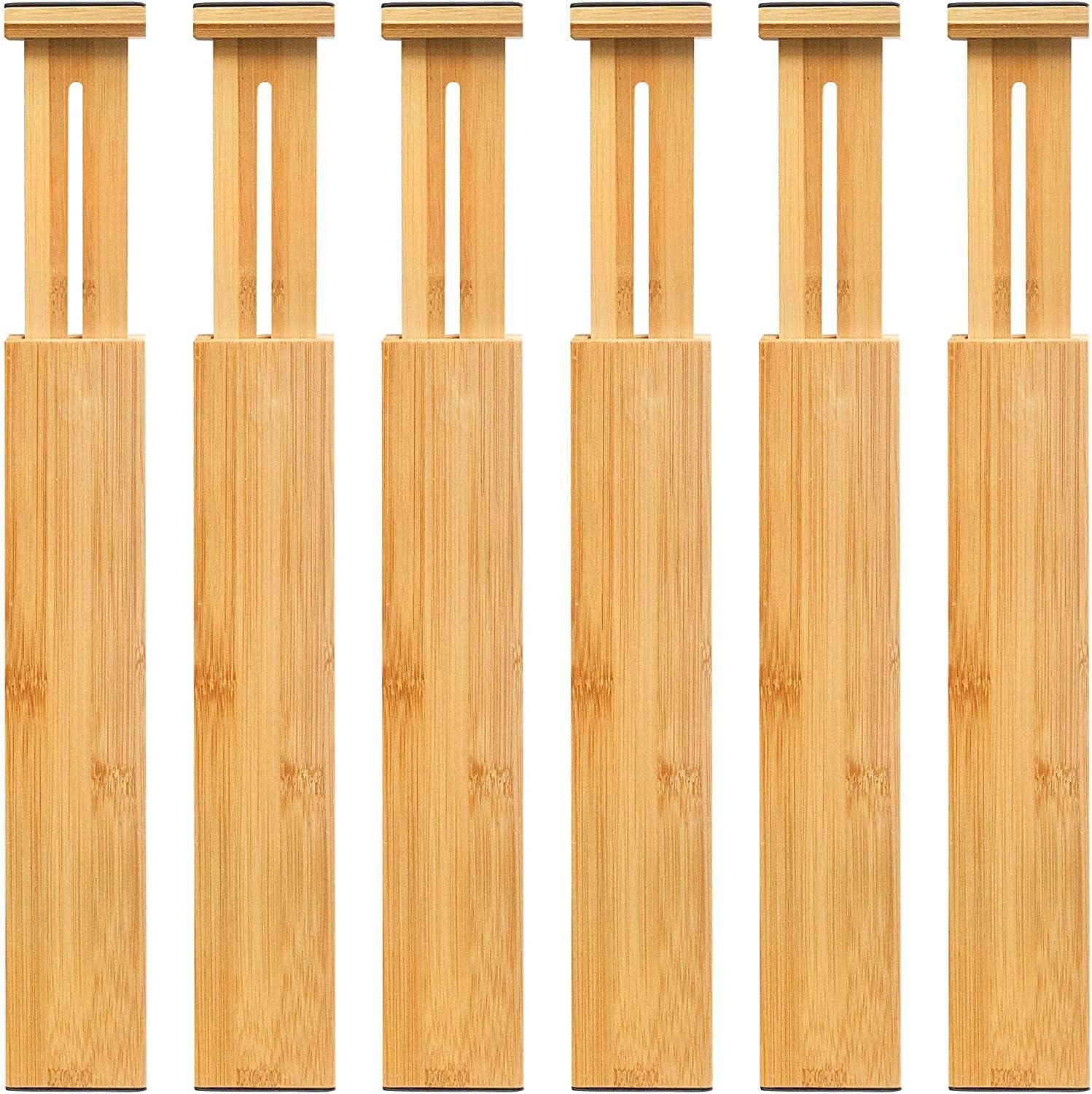 VaeFae 6-Pack Adjustable Bamboo Drawer Dividers, Expandable Drawer Organizer for Kitchen Utensils, Clothes, Bathroom, Office – Fits Drawer Interiors 16.6" to 21.8"