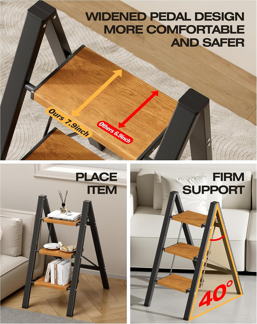 3 Step Stool Foldable,Aluminum Step Ladder-Blackwoodgrain