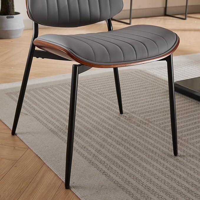 Dining Chairs Set of 2, Mid-Century Modern Upholstered PU Leather Chairs with Walnut Bentwood Back and Metal Legs Adjustable Feet for Kitchen Dining Living Room, Gray Vertical Stripes
