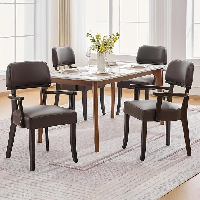 PU Leather Dining Chairs with Arms Set of 4, Upholstered Dining Room Chairs with Hardwood Legs & Open Curved Backrest,Modern Accent Kitchen Chairs 350 LBS Capacity, Brown