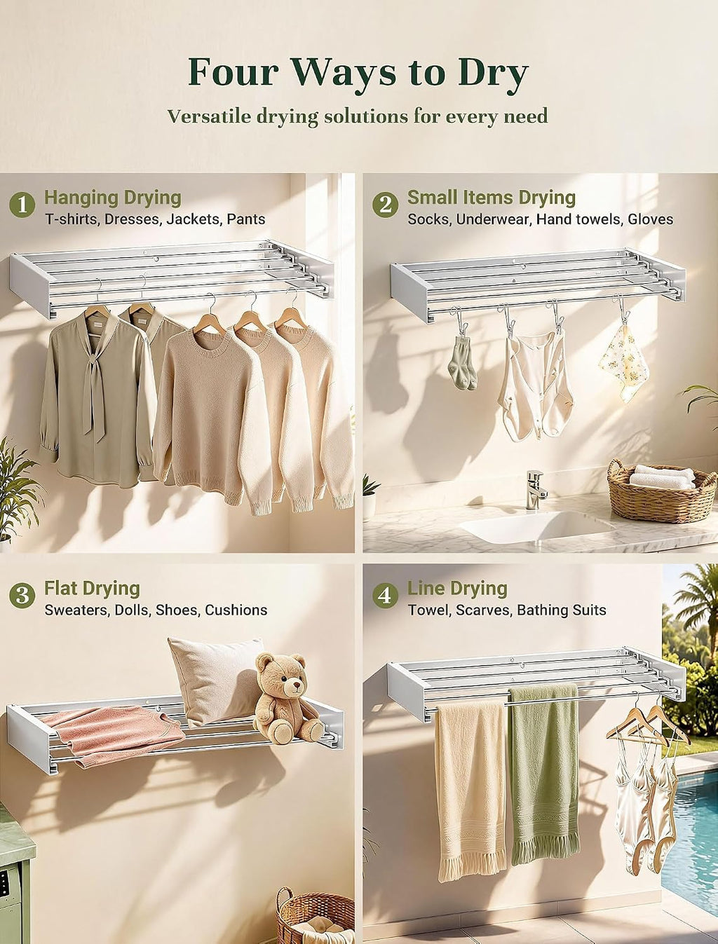 32'' Wall Mounted Clothes Drying Rack, Foldable & Collapsible Wall Mount Laundry Rack w/ 5 Thickened Rods & 4 Hooks, Space Saver Hanging Drying Rack Clothing for Laundry Room Bathroom Indoor
