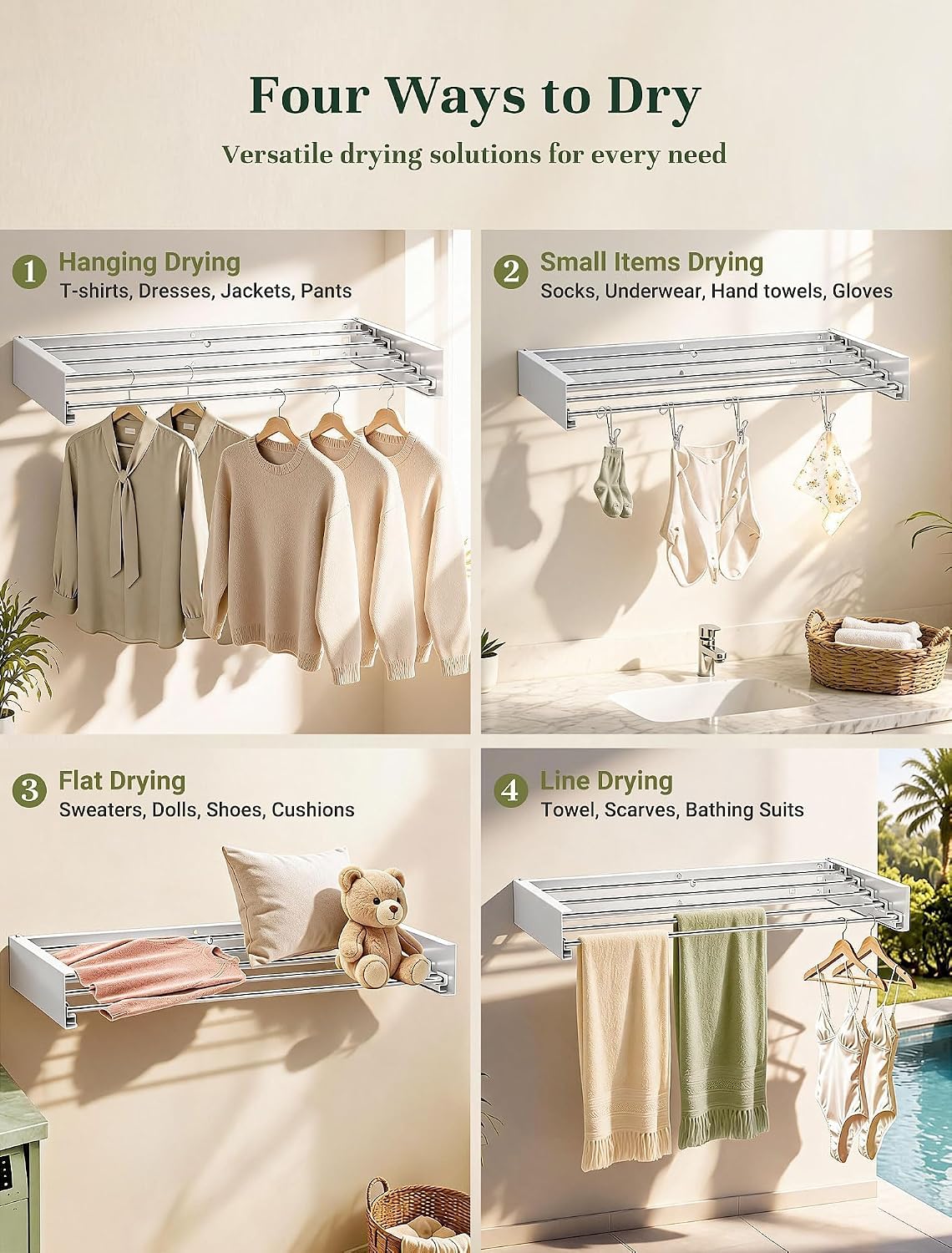 32'' Wall Mounted Clothes Drying Rack, Foldable & Collapsible Wall Mount Laundry Rack w/ 5 Thickened Rods & 4 Hooks, Space Saver Hanging Drying Rack Clothing for Laundry Room Bathroom Indoor