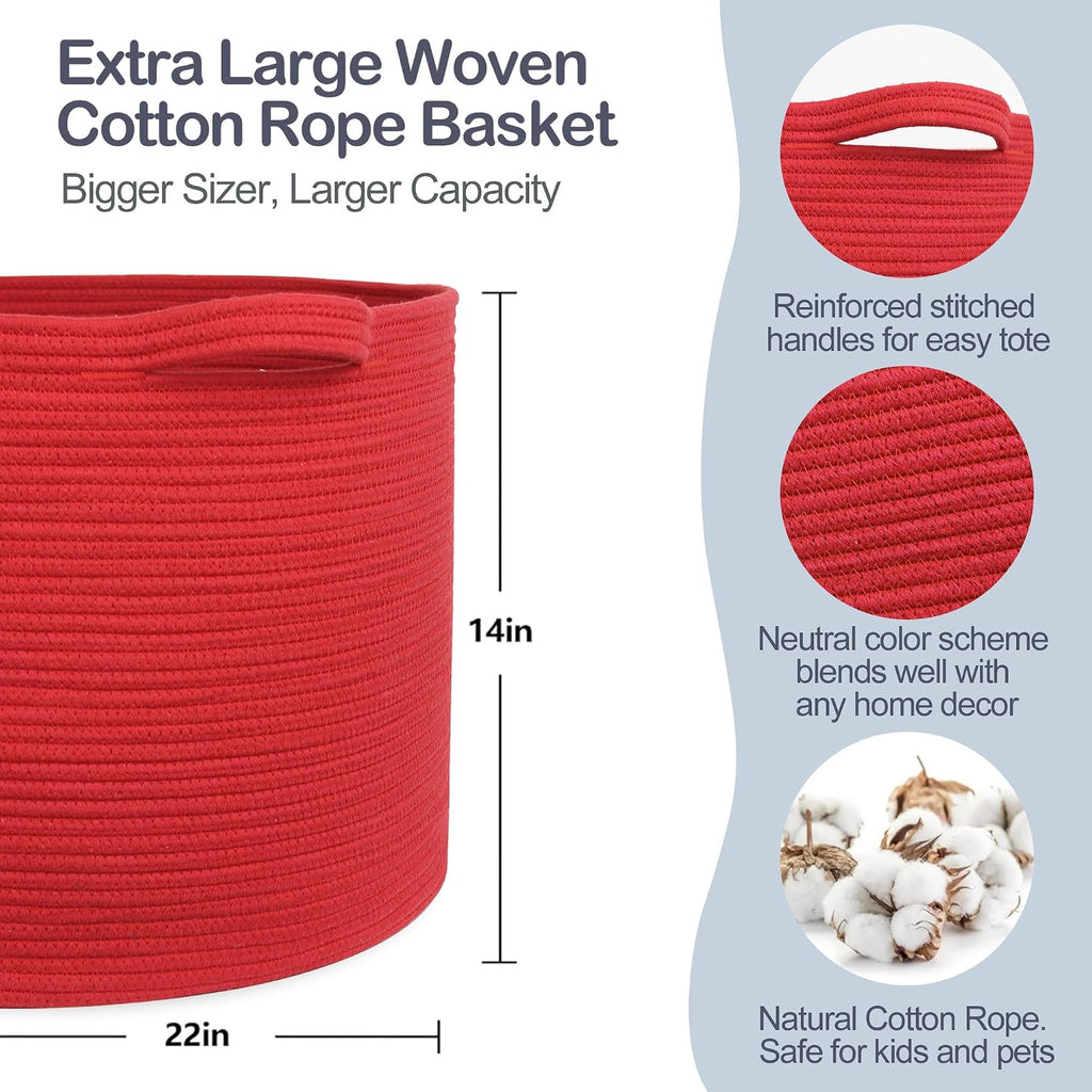 MEGASKET Extra Large Red Basket for Organizing, 22" X 22" X 14" Woven Cotton Rope Bins for Blankets, Baby Nursery Wicker Laundry Basket, Kids Dog Toy Storage Box, Big Red Living Room Decor Organizer