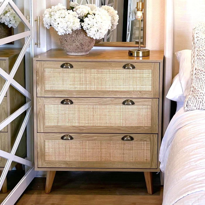 PHI VILLA Natural Rattan Nightstand, 3 Drawer Dresser Bedside Table