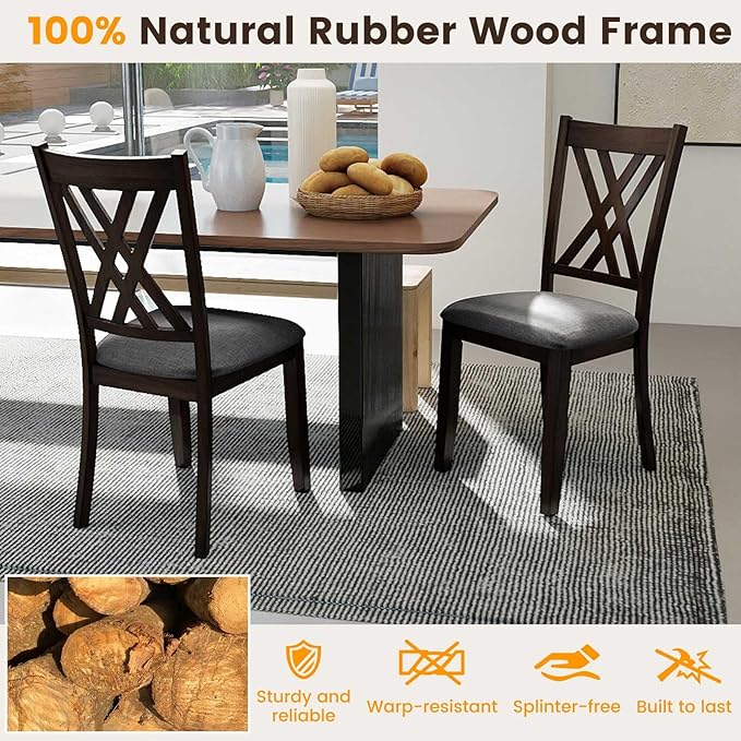 Giantex Wooden Dining Chairs Set of 4, Linen Fabric Upholstered Kitchen Chair w/Rubber Wood Frame, Wide Padded Seat, Curved Cross Back, Farmhouse Side Chairs for Living Room Restaurant, Dark Gray