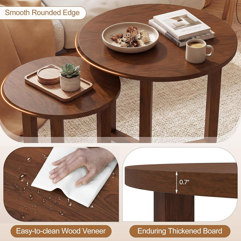Giantex Round Nesting Coffee Table Set of 2, Wood Nesting End Tables with Thickened Top & Solid Rubber Wood Legs, Farmhouse Sofa Side Table for Small Spaces Living Room Bedroom (Walnut)