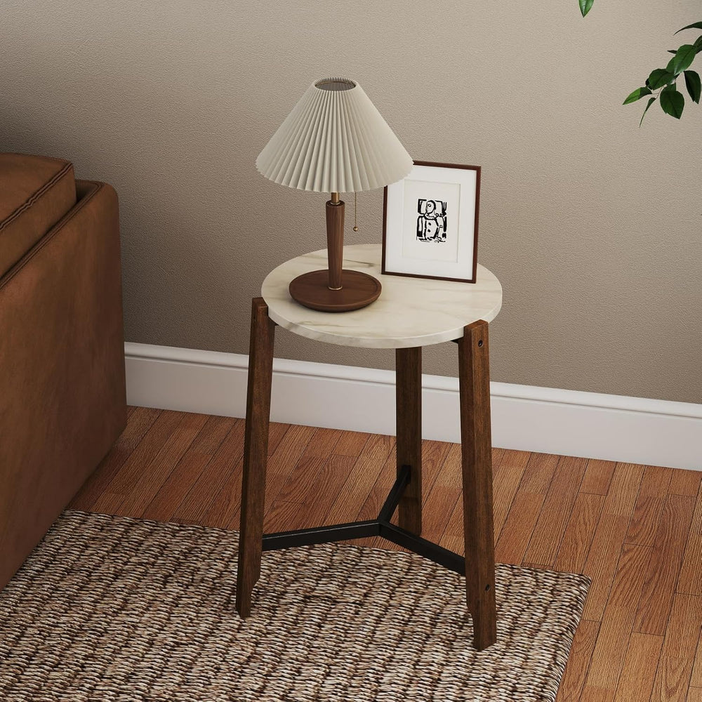 Modern White Round End Table, Side Table with Faux Marble Texture Top Industr...