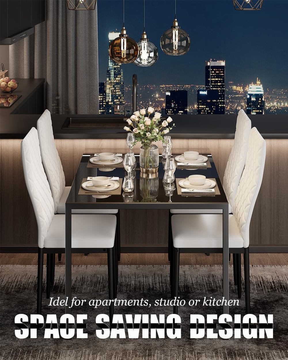 Dining Table Set for 4, Kitchen Table and Chairs Set of 4, 5 Piece Modern Din...