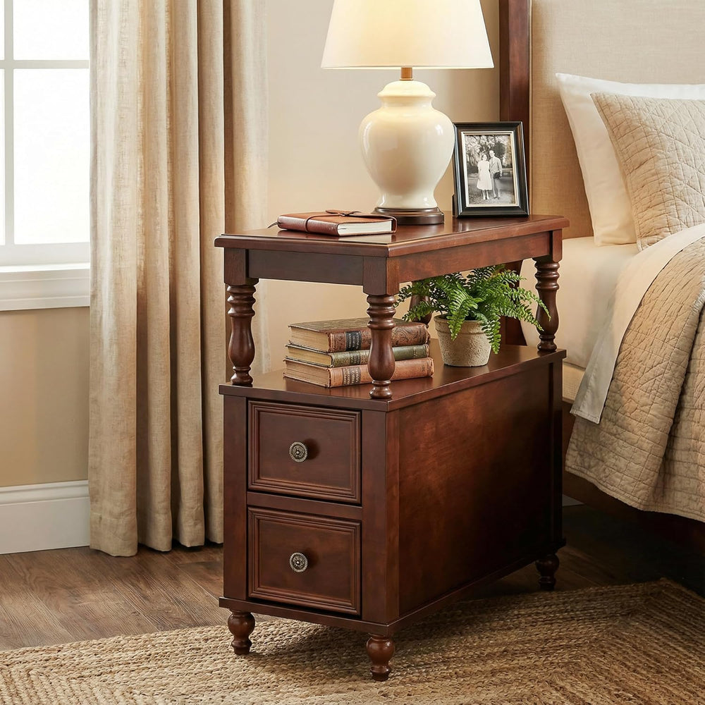 Tribesigns Wood End Table with 2 Drawers, Mid-Century Wooden Slim Side Table ...