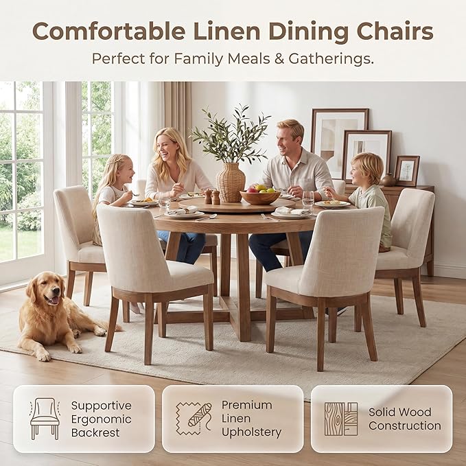 HNY Modern Dining Chairs Set of 2 with Comfortable Back Support, Farmhouse Soft Linen Upholstered Kitchen Dining Room Chairs with Solid Wood Legs, Armless Accent Side Chairs for Living Room, Beige