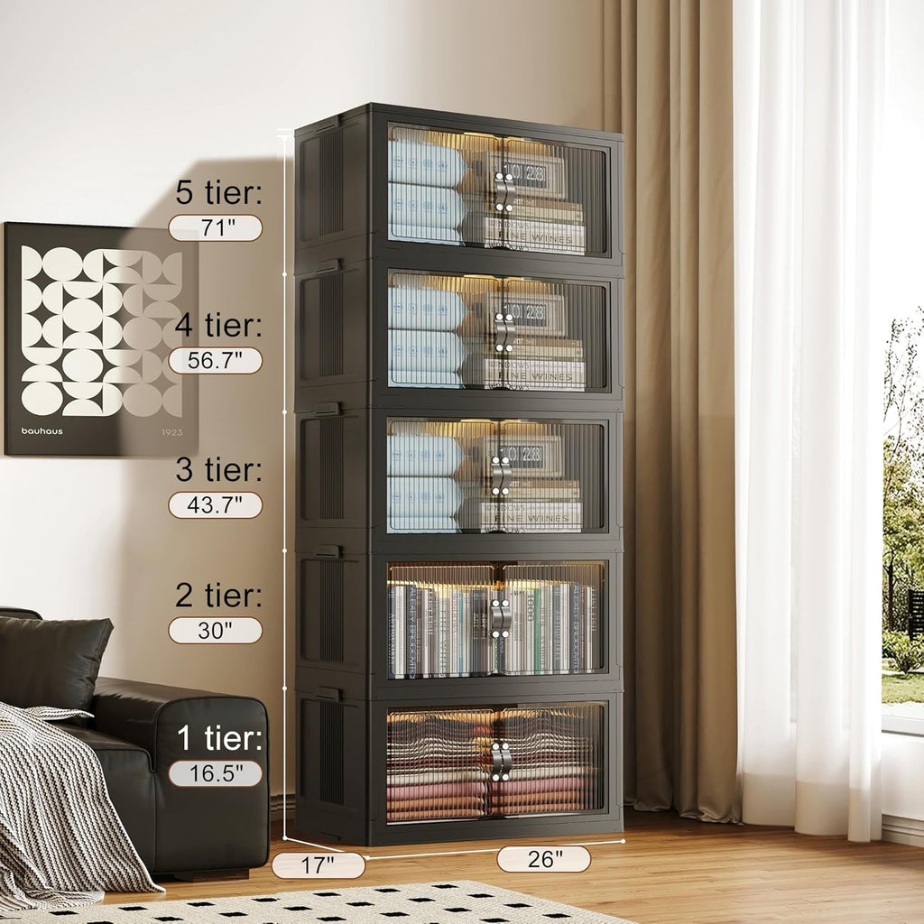 SAILUN 145Gal/580Qt Stackable Storage Bins Folding Collapsible Storage Bins with Lid, Closet Organizers and Storage, Storage Box with Door Black 26" W x 17" D x 71" H