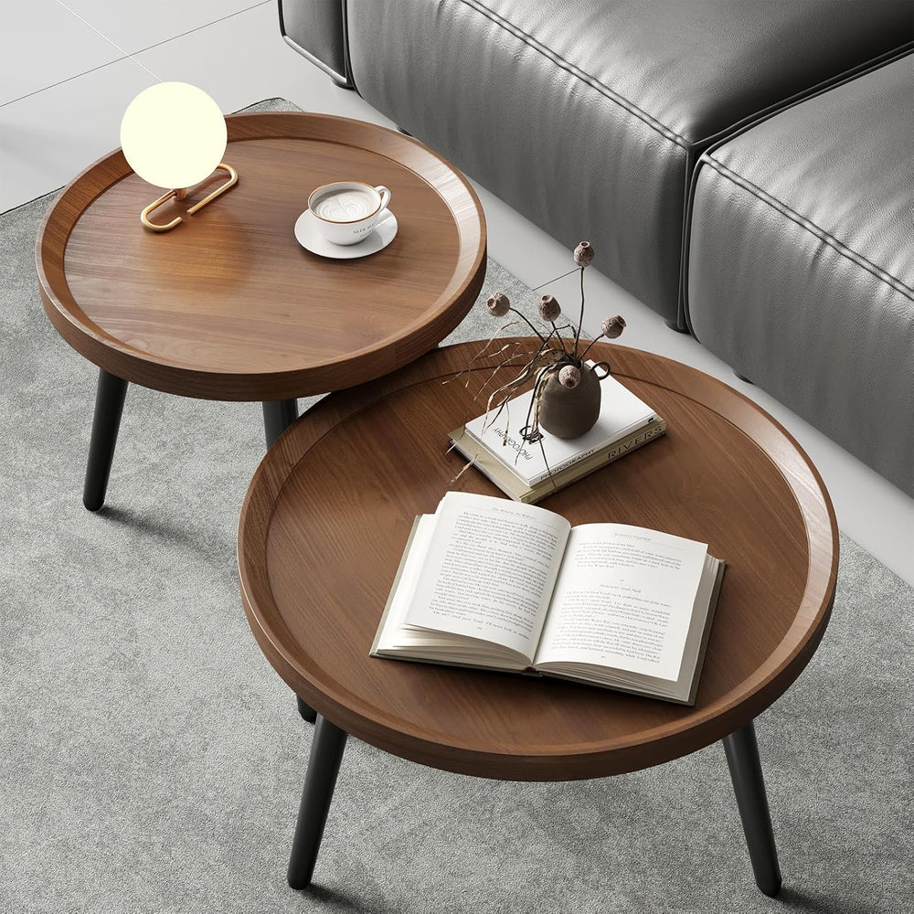 2PCS Small Round Coffee Table Set, Walnut Mid Century Modern Nesting Tables |...