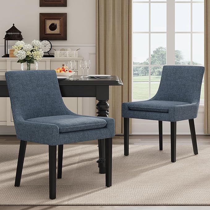 Dining Chairs Set of 2, Upholstered Corduroy Dining Room Chair with Wood Legs, Mid-Back Padded Kitchen Side Chairs for Dining Room, Blue
