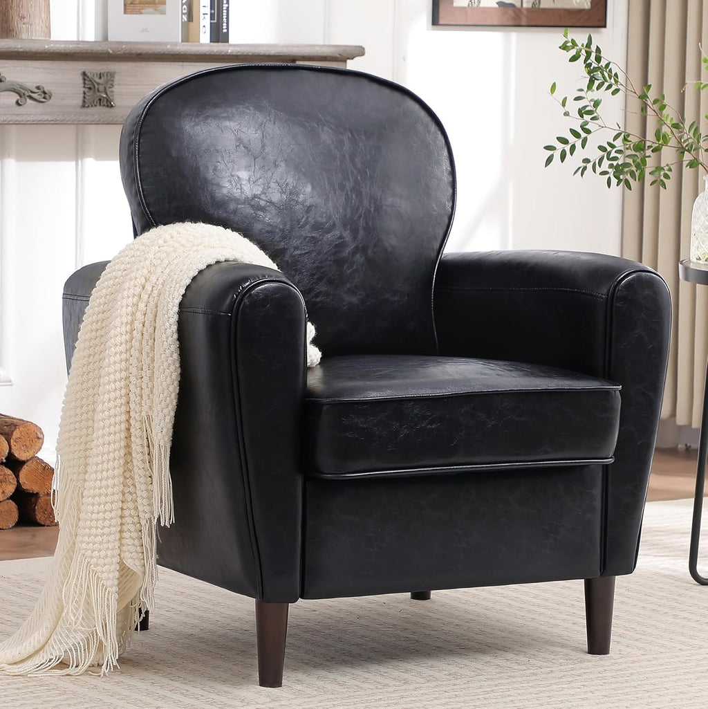 Accent Chair, Faux Leather Mid Century Modern Arm Chairs with Thick Cushion and Back, Comfy Upholstered Reading Chair Single Sofa Chair for Living Room, Bedroom, Club, PU Black