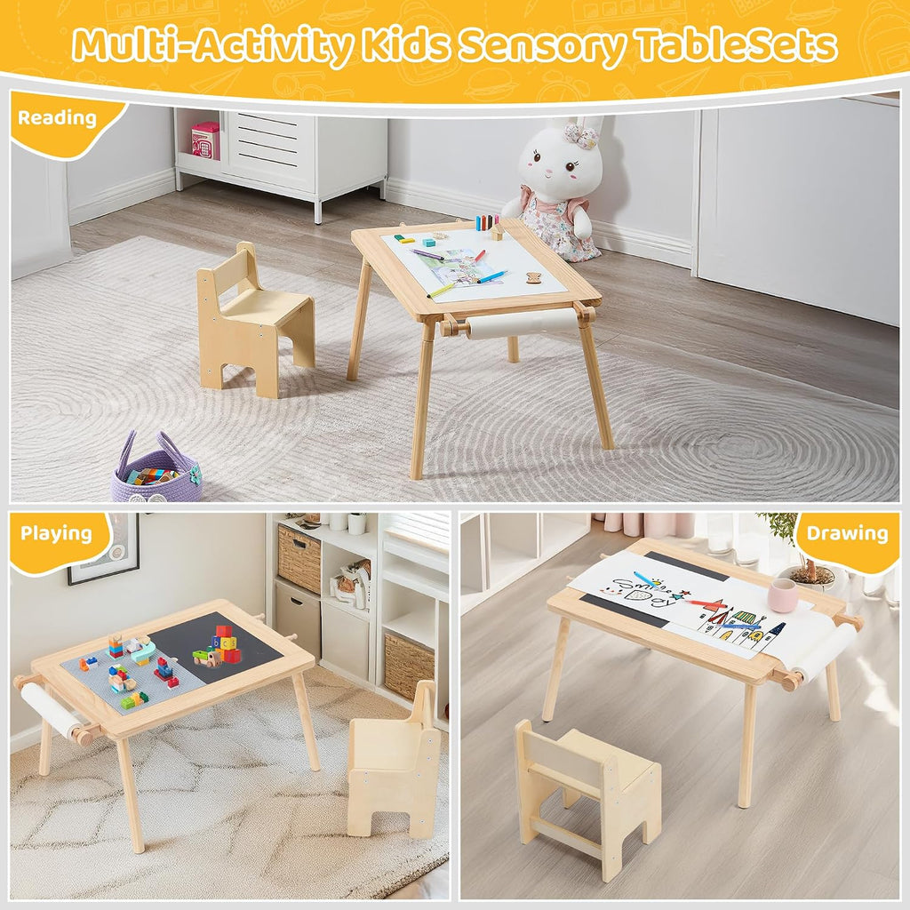 DOREROOM Sensory Toddler Table & Chair Set, Double-Side Graffiti, Natural | 2 Storage Bins & Roller holder, Sand & Water Tables with Building Block Base, For Playroom, Daycare, Classroom, Home, Ages 3+