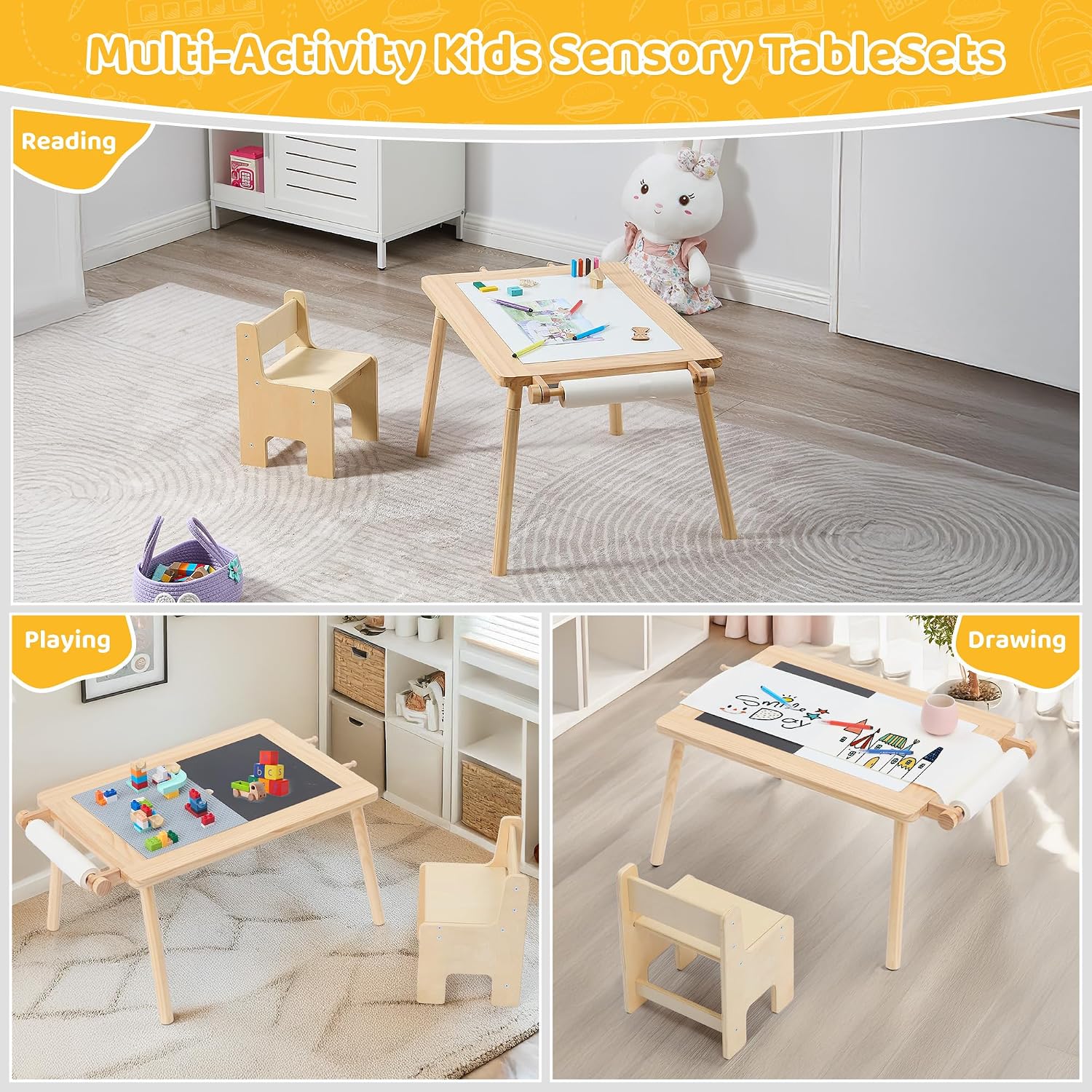 DOREROOM Sensory Toddler Table & Chair Set, Double-Side Graffiti, Natural | 2 Storage Bins & Roller holder, Sand & Water Tables with Building Block Base, For Playroom, Daycare, Classroom, Home, Ages 3+