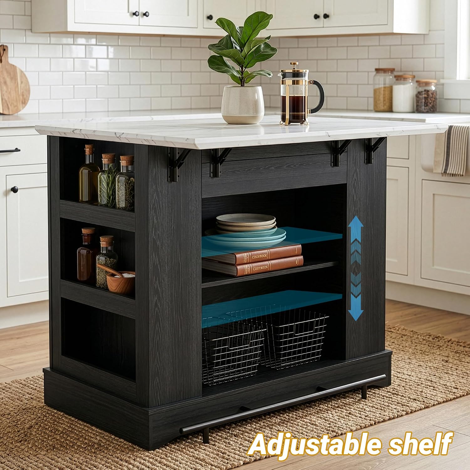 40“ L Black Kitchen Island with A 14.5” W Folding Faux Marble Tabletop, Wooden Kitchen Island with Power Outlet, Storage Cabinet & Drawer and Open Adjustable Shelving