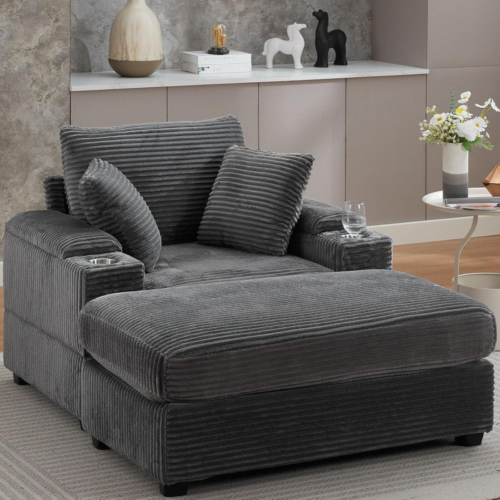 Oversized Corduroy Chaise Lounge Chair Indoor with Storage and Ottoman, Sleep...