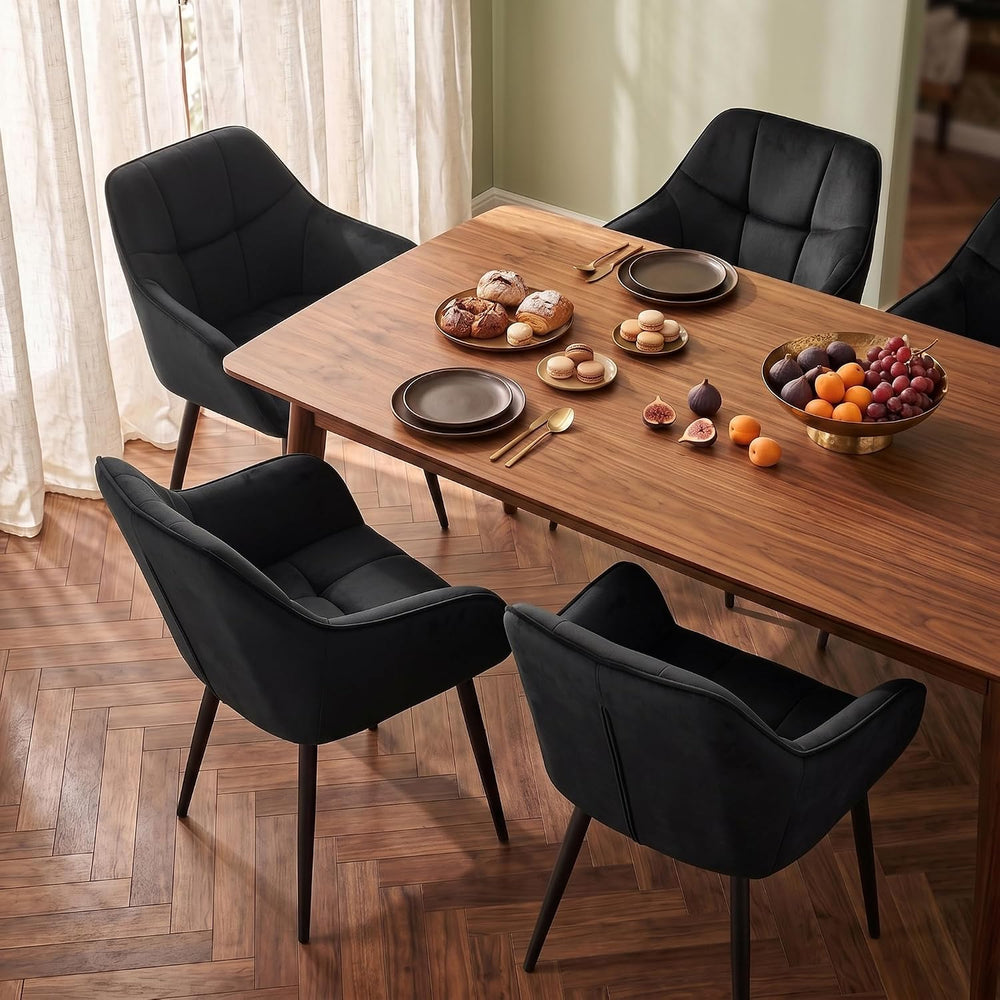 Modern Black Velvet Dining Chairs Set of 2, Upholstered Tufted Side Chairs wi...
