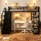 Merax Queen Size Metal Loft Bed with Wardrobe & Storage Staircase, 4-Tier Shelves, Full-Length Guardrails, 400 lbs Capacity, No Box Spring Needed Easy Assembly for Bedroom, Black