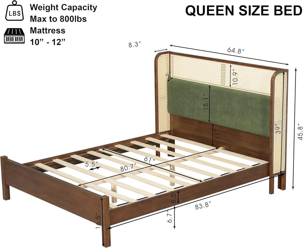 Merax Classic Retro Queen Platform Bed with Rattan Headboard, Wood Bed Frame ...