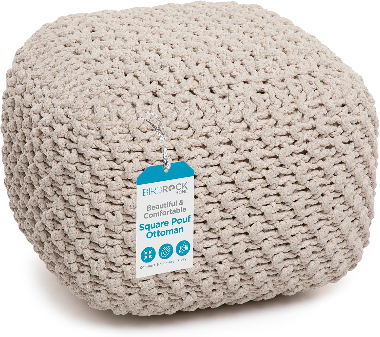 BIRDROCK HOME Square Pouf Ottoman - Cotton Braided Foot Stool with Bean Bag Filling - Compact and Comfortable Seating, Lightweight and Sturdy Boho Foot Rest for Living Room or Bedroom (Natural)