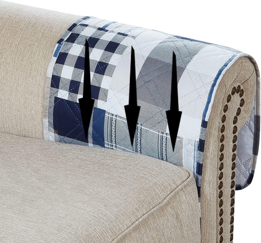 Brilliant Sunshine Multi Blue Plaids and Stripes Patchwork Sofa Armrest 5 Pockets Organizer, Slip Resistant Armchair Caddy, Washable Remote Controls Holder, Storage for Magazine, Tablet, 35×13", Blue