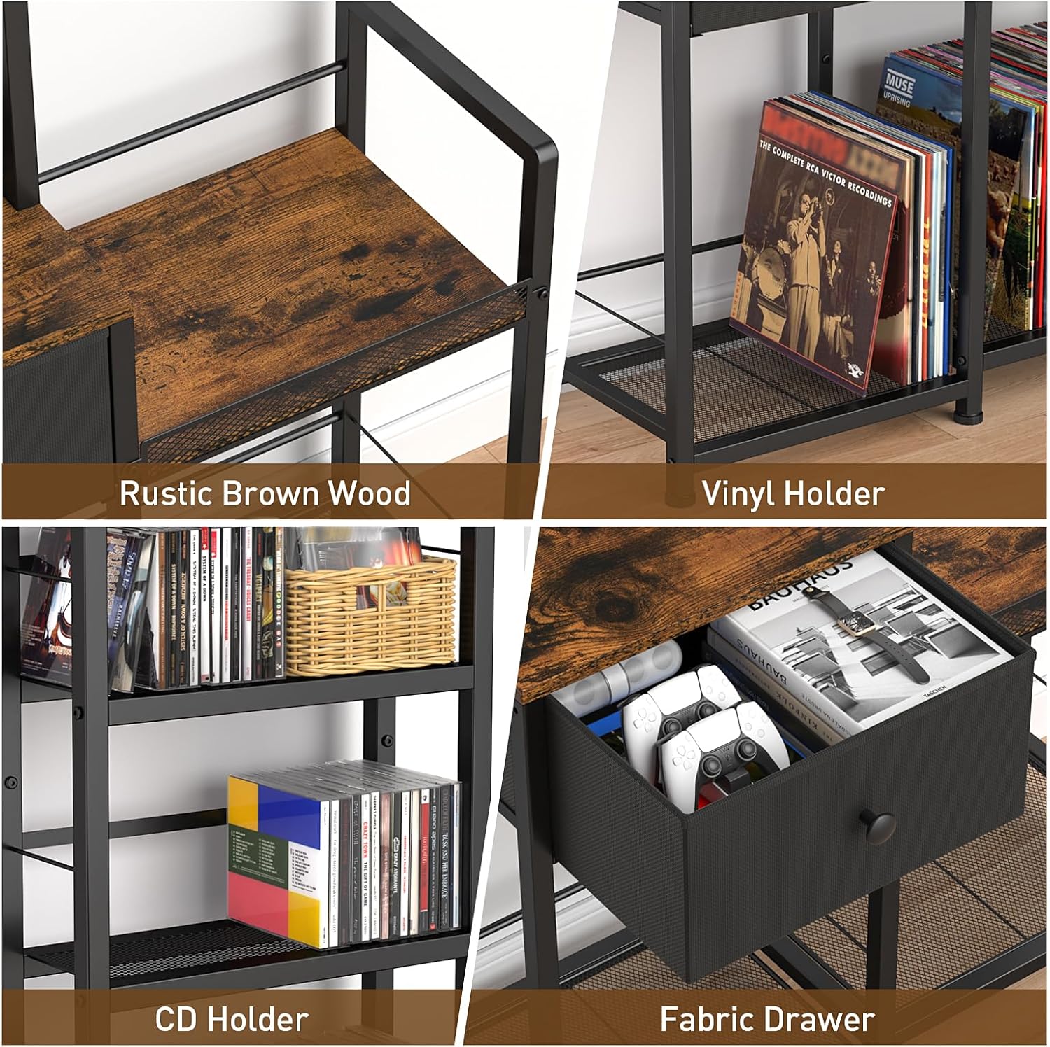 ikkle CD Rack with Drawer, 7-Tier DVD Organizer Shelf with Vinyl Storage | Media Storage Rack for CDs/DVDs, Vinyl Records, Books & Games, Ideal for Living Room & Home Office, 32.1x11.8x57.2 in, Brown